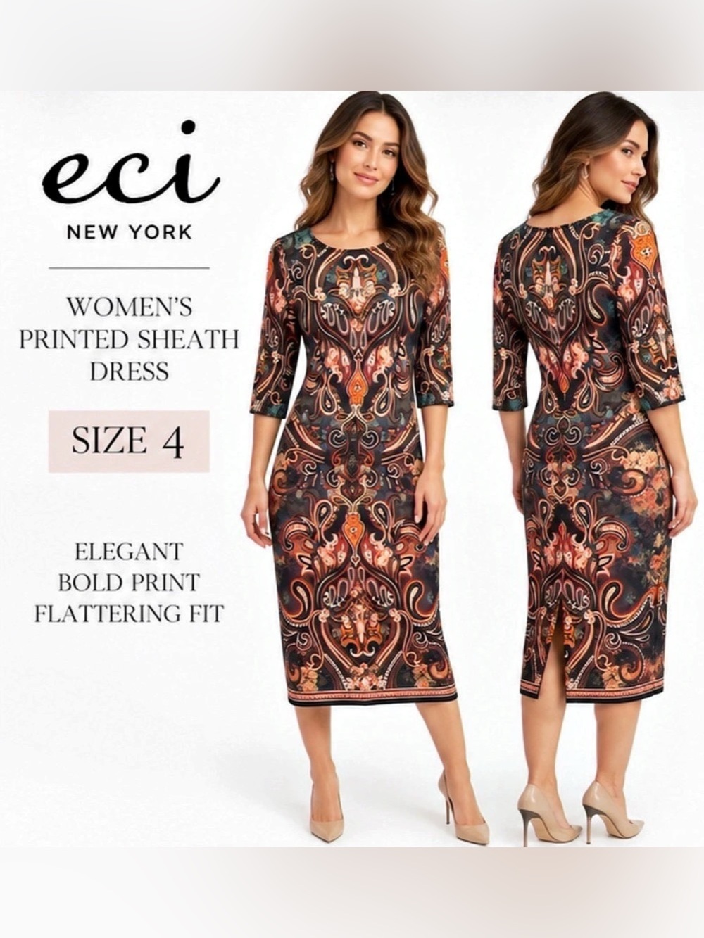 ECI New York Paisley Floral Sheath Midi Dress Size 4 Stretch 3/4 Sleeve